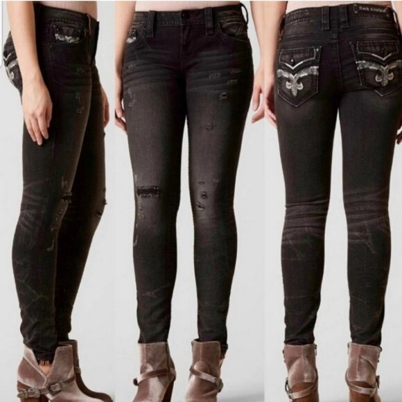 Rock Revival Beliss Women Distressed Black Skinny Embellished Pocket Jeans Sz 28 - Picture 1 of 15